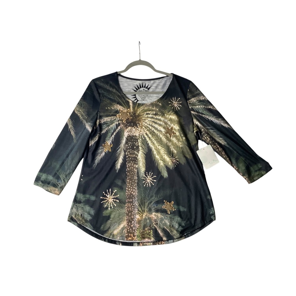 Sun Bay Petite Sunny Day Tech Palm Tree Print Sequin Blouse NEW